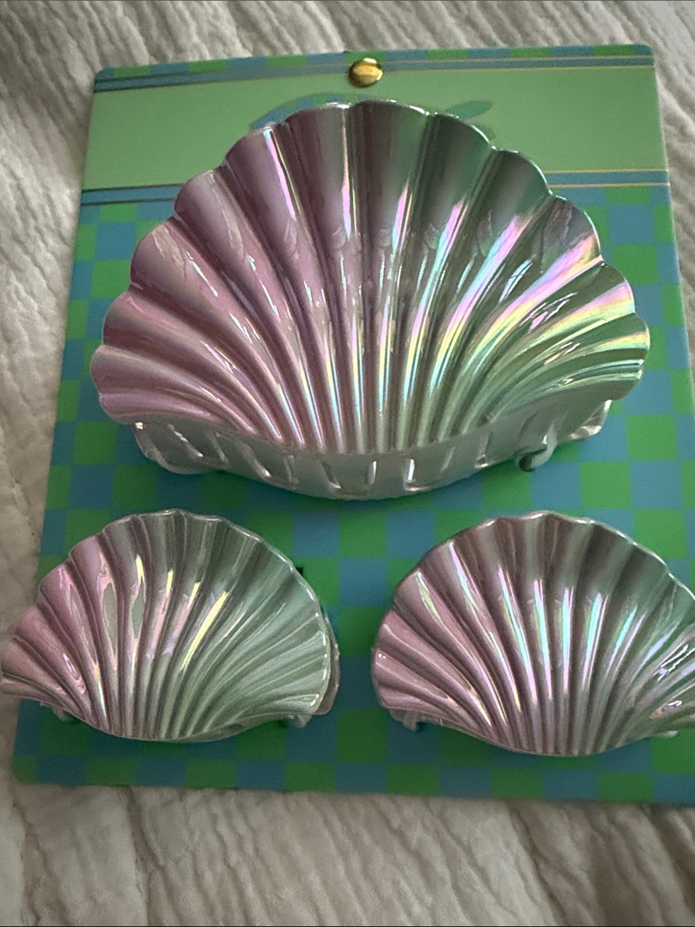 Iridescent Shell Hair Clip Trio - Pink & Green Shimmer